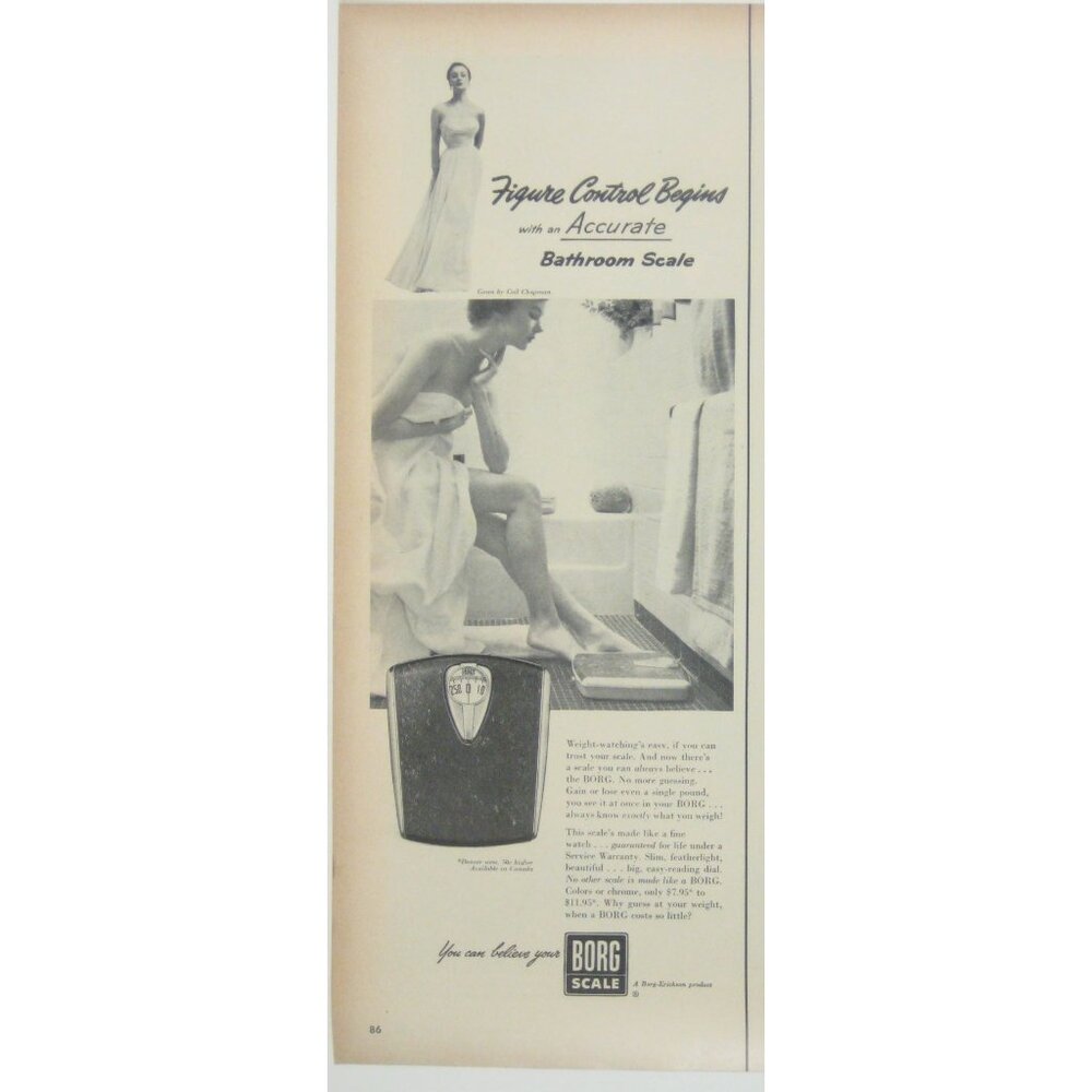 Borg Bathroom Scale Weight Control Vintage Ad Print 1950s Decor Woman Towel